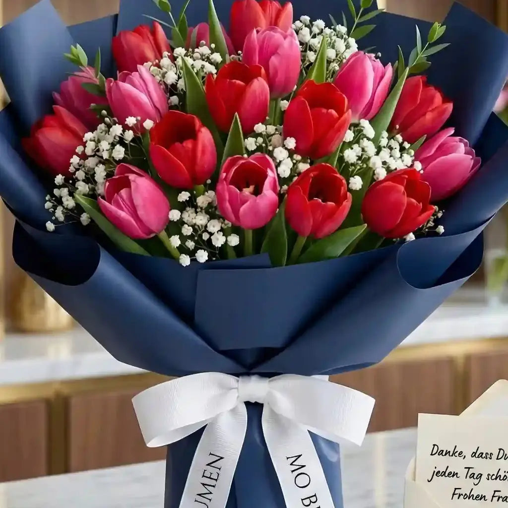 Rot-pinker Tulpenstrauß mit Schleierkraut von MO BLUMEN, dunkelblau verpackt mit weißer Schleife und Grußkarte.
